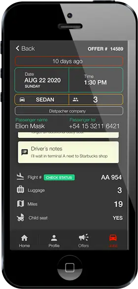 Driver App job details with pickup, drop-off, passenger and fare information