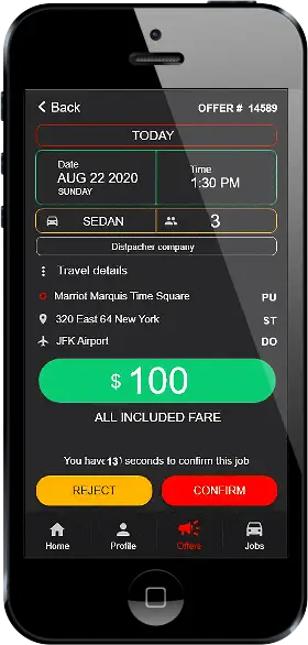 Driver App offer screen showing job details with accept and decline options