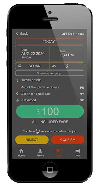 Driver App on smartphone showing job offer assignment with accept and decline controls